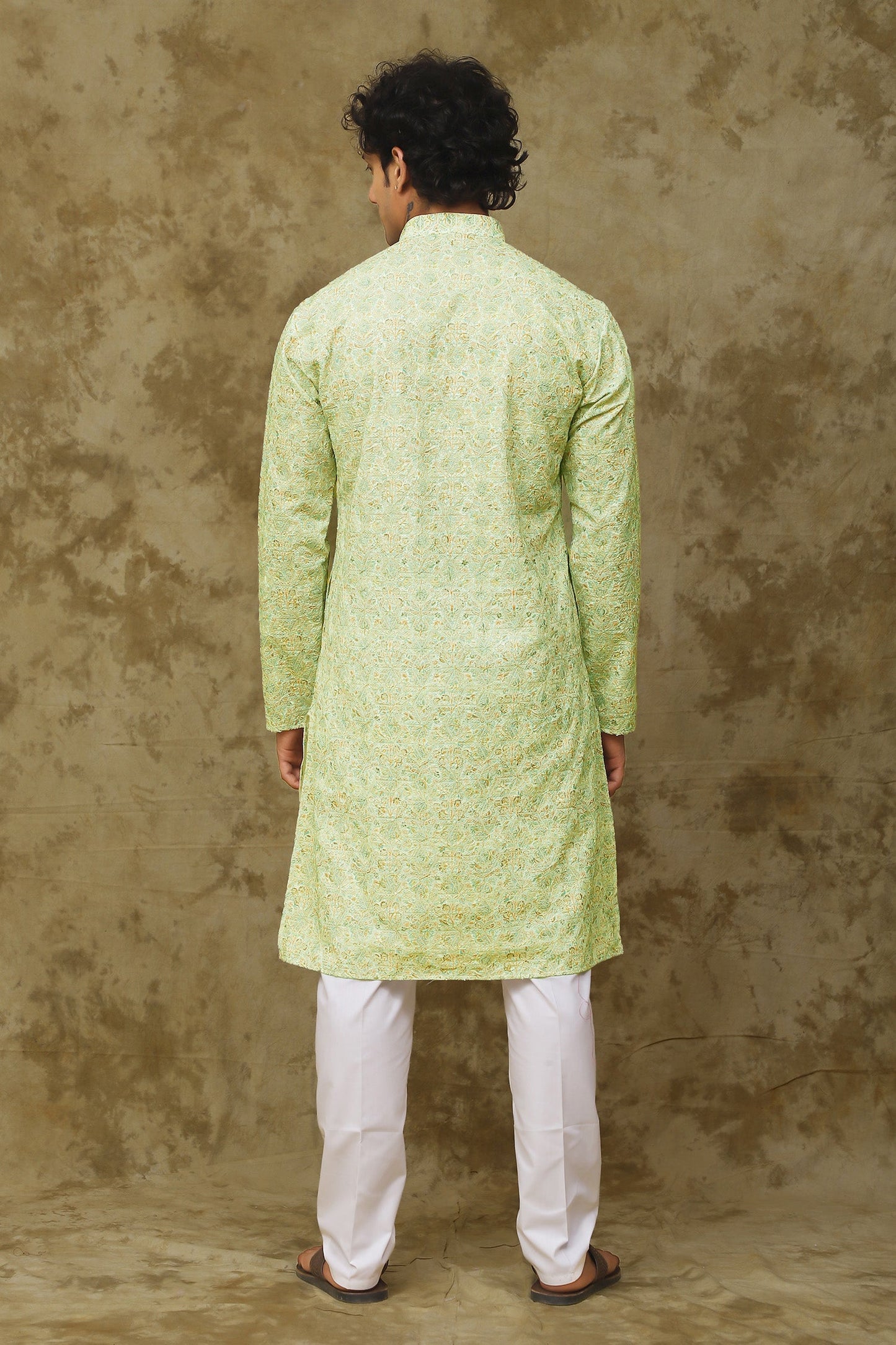 Bluesaanchi Men's Chikankari Embroidered Kurta Set - Green White | Swadesiicart