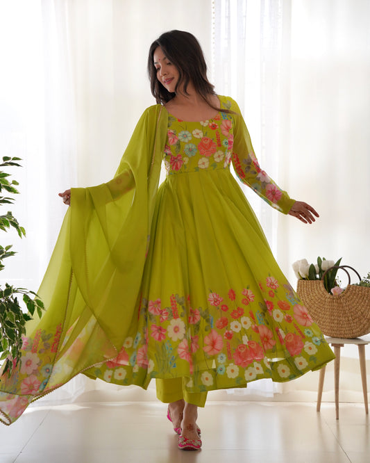 Lorenvalley Fashion Parrot Soft Organza Silk With Floral Print Fully Flared Anarkali Pant With Dupatta Set - Green | Swadesiicart