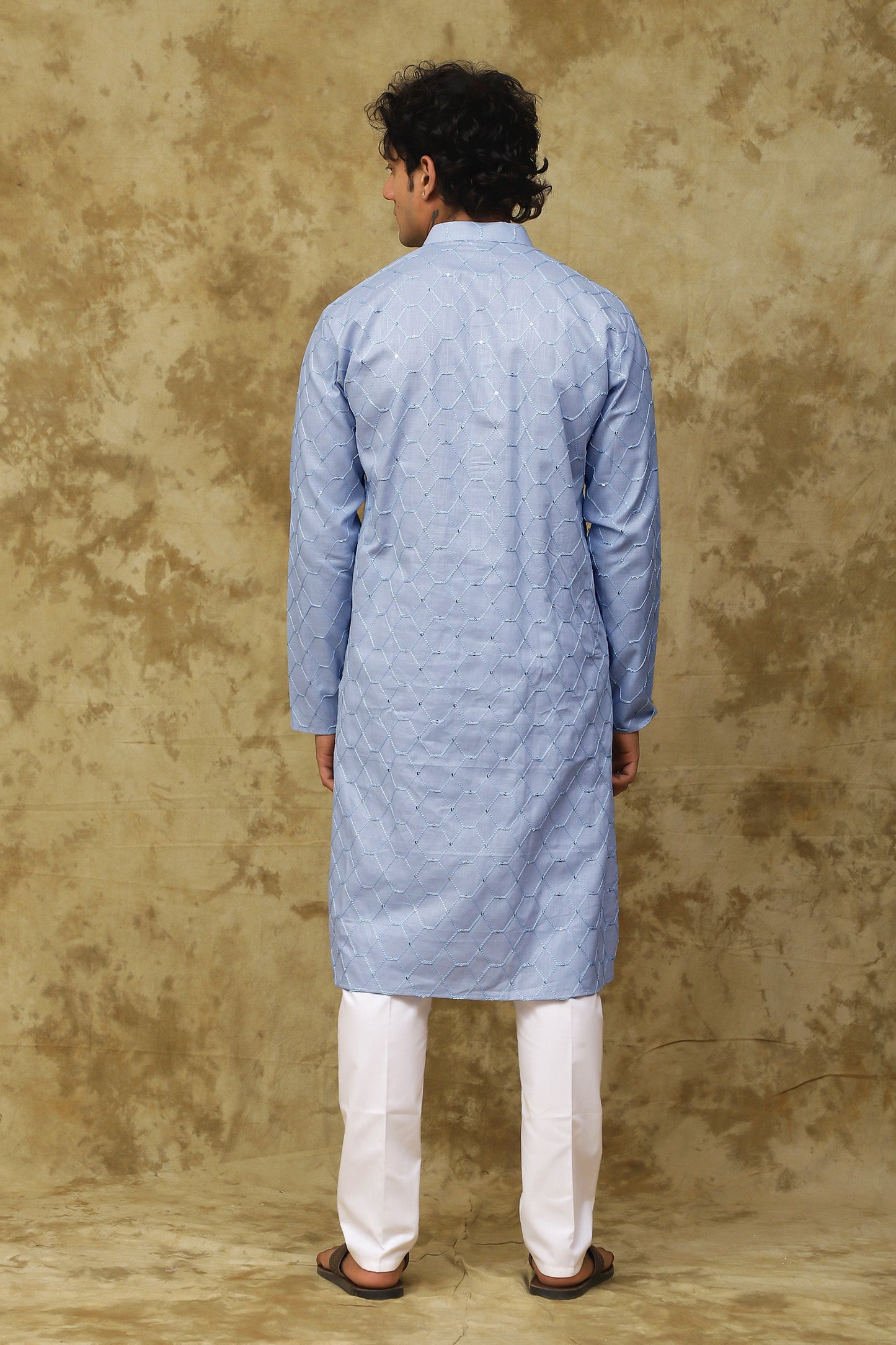 Bluesaanchi Men's Linen Threadwork Kurta Set - Blue | Swadesiicart