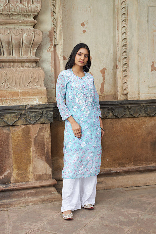Rangreza Ethnic Eliza Georgette Chikankari Kurta With Inner (Set Of 2) Blue | Swadesiicart