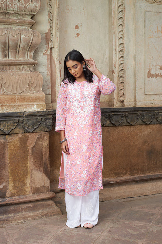 Rangreza Ethnic Eliza Georgette Chikankari Kurta With Inner (Set Of 2) Peach | Swadesiicart