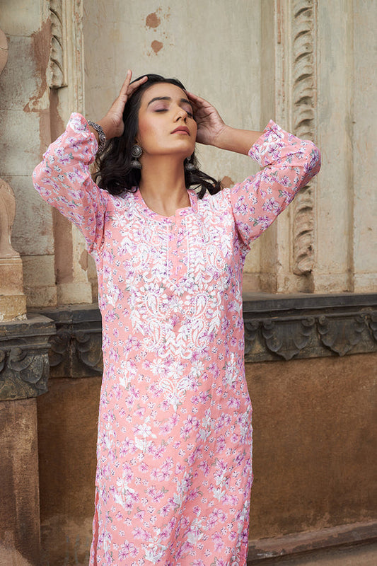 Rangreza Ethnic Eliza Georgette Chikankari Kurta With Inner (Set Of 2) Peach | Swadesiicart