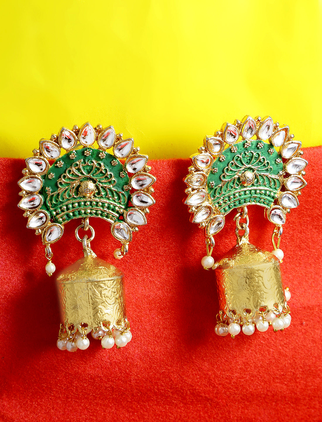 Gold-Polished Alloy Brass Blue Golden Jhumki Earrings - The Pari - Swadesiicart