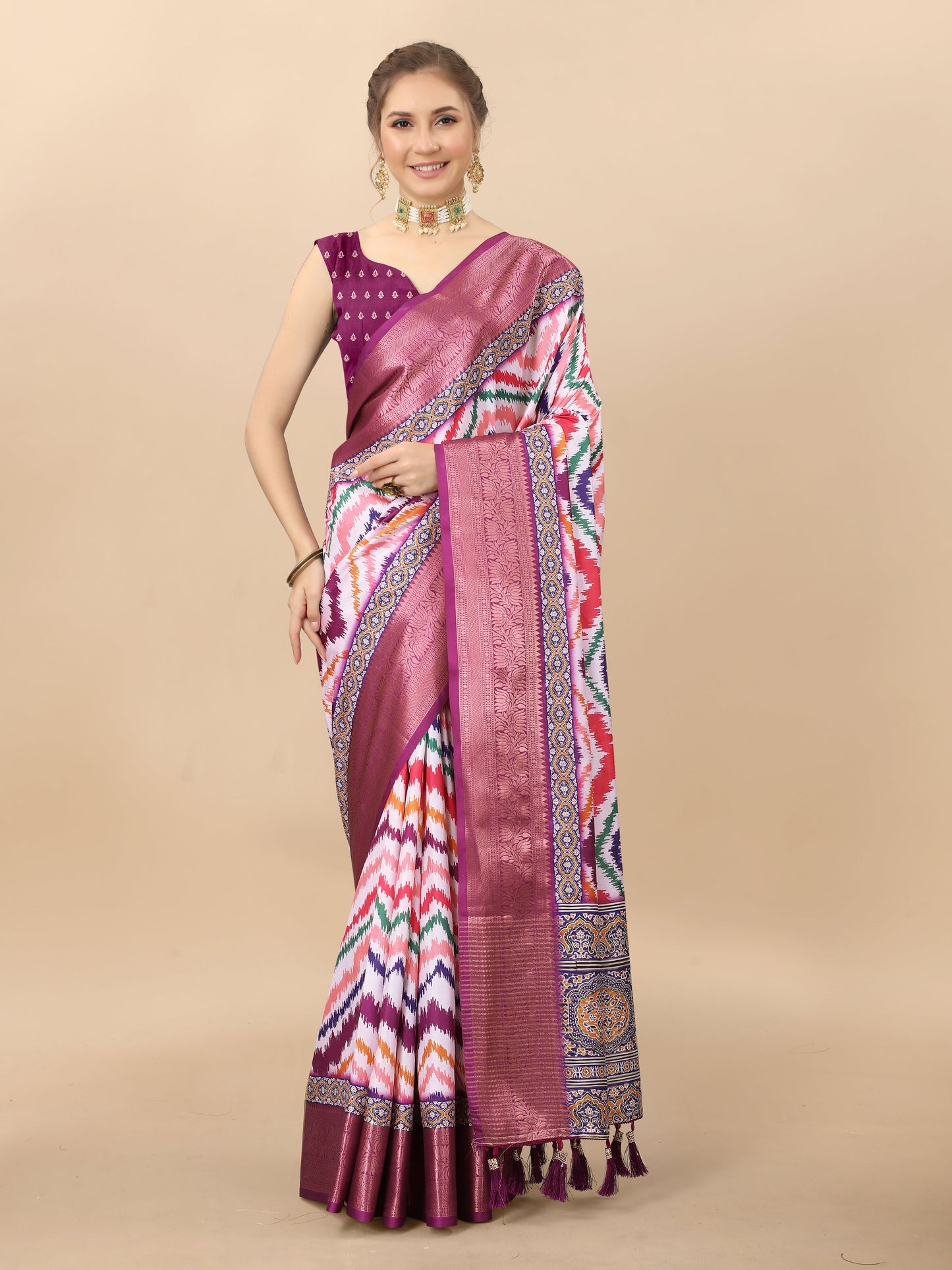 Lorenvalley Fashion Charming Zigzag Digital Print Saree With Heavy Rich Zari Border & Blouse - Mutlicolor - Swadesiicart