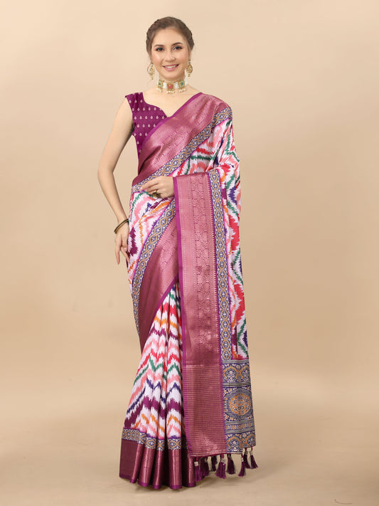 Lorenvalley Fashion Charming Zigzag Digital Print Saree With Heavy Rich Zari Border & Blouse - Mutlicolor - Swadesiicart