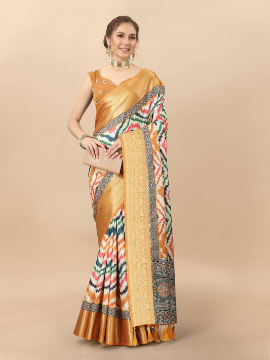 Lorenvalley Fashion Charming Zigzag Digital Print Saree With Heavy Rich Zari Border & Blouse - Mutlicolor - Swadesiicart