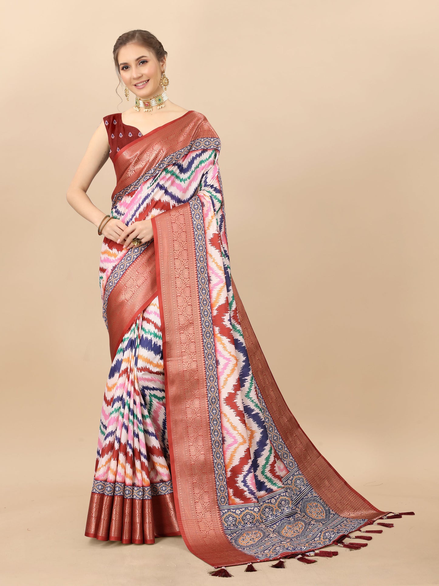 Lorenvalley Fashion Charming Zigzag Digital Print Saree With Heavy Rich Zari Border & Blouse - Mutlicolor - Swadesiicart