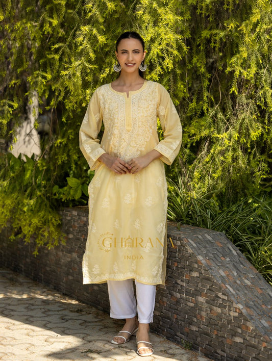 Gharana India Sahiba Chikankari Pastel Yellow Cotton Kurta With Bakhiya Work | Swadesiicart