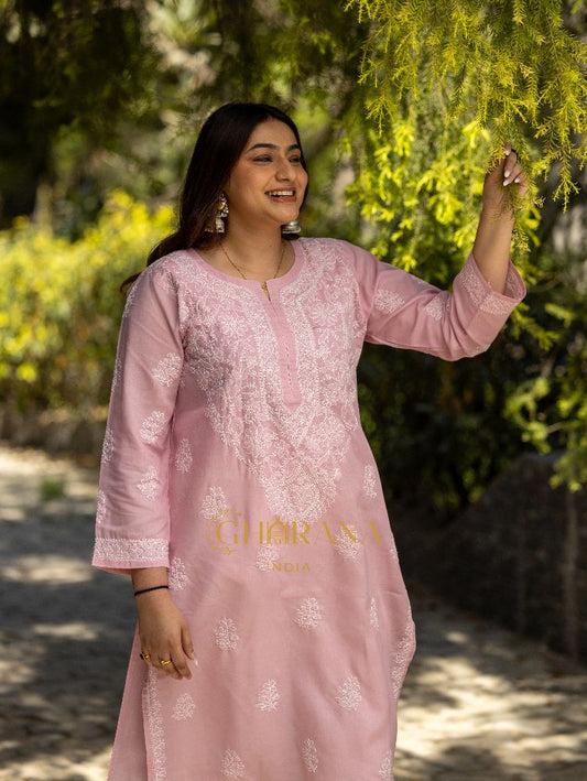 Gharana India Sahiba Chikankari Light Pink Cotton Kurta With Bakhiya Work | Swadesiicart