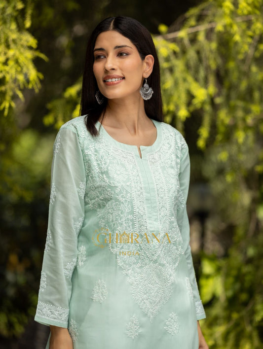 Gharana India Sahiba Chikankari Pastel Green Cotton Kurta With Bakhiya Work | Swadesiicart