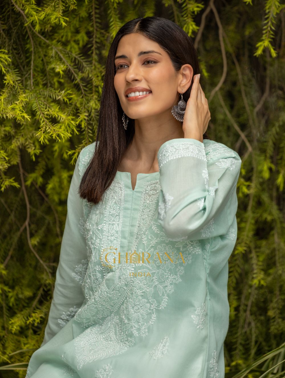 Gharana India Sahiba Chikankari Pastel Green Cotton Kurta With Bakhiya Work | Swadesiicart