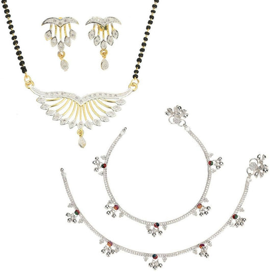 AanyaCentric Gold-Polished Mangalsutra Pendant Earring Set & Silver Plated Anklet - AanyaCentric