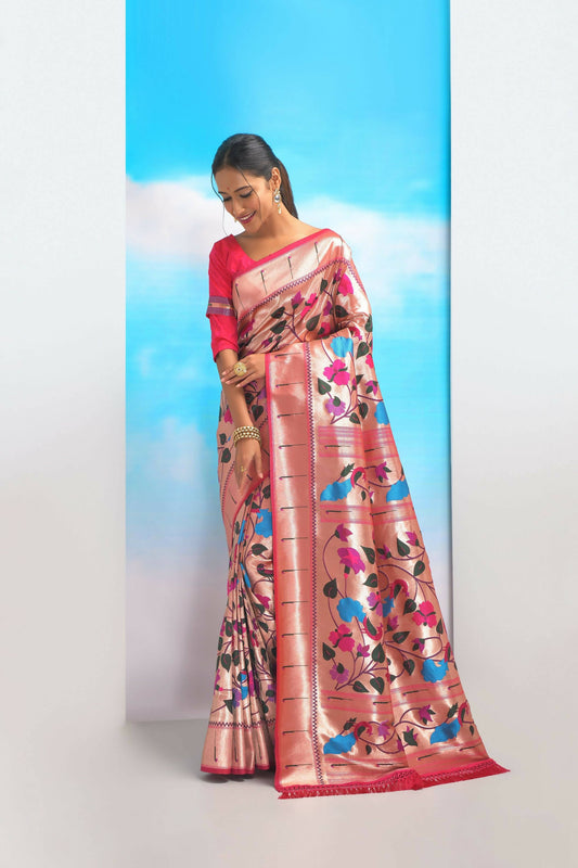 Vishnu Weaves Women's Pink Paithani Silk Minakari Zari Woven Saree with Unstitched Blouse - Swadesiicart