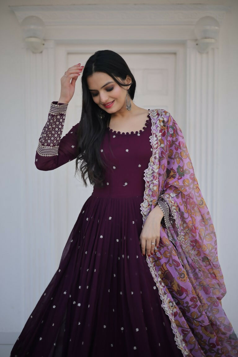 Jyoti Fashion Women's Wine Faux Blooming Sequence Zari Embroidered Anarkali Dress with Dupatta | Swadesiicart