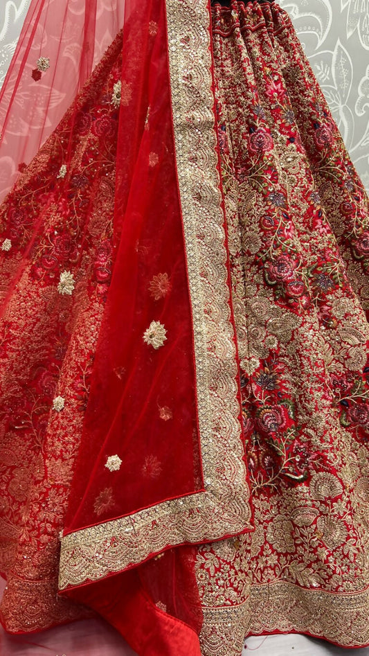 Jyoti Fashion Women's Red Silk Fancy Dori & Sequins Multi Thread Embroidered with Diamond Work Wedding Lehenga Choli | Swadesiicart