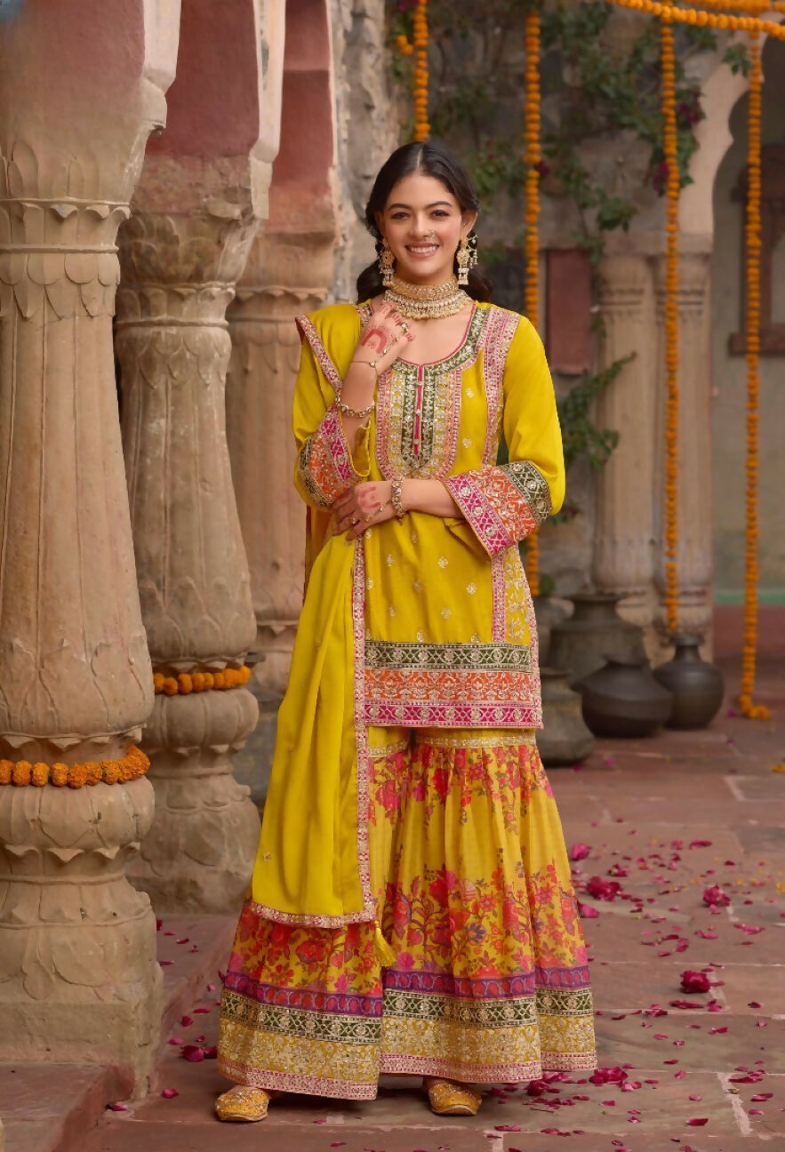 Anaita Yellow Chinon Readymade Palazzo Suit with Codding Dori & Sequence Work