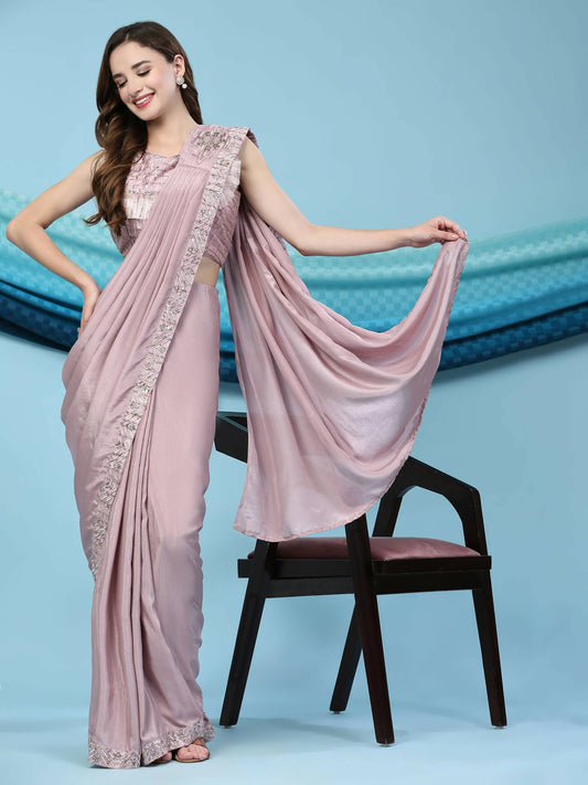 Pink Silk Satin Solid Ready to wear Saree with stitched Blouse - Satiksha | Swadesiicart