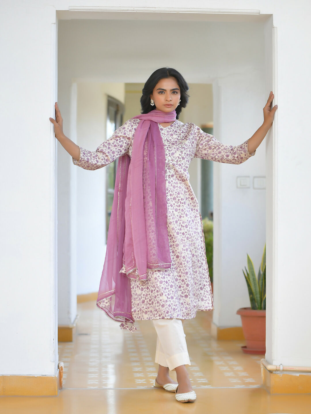 Vaasva Women's Grape Cream Cotton Foil Printedembroidered Suit Set | Swadesiicart