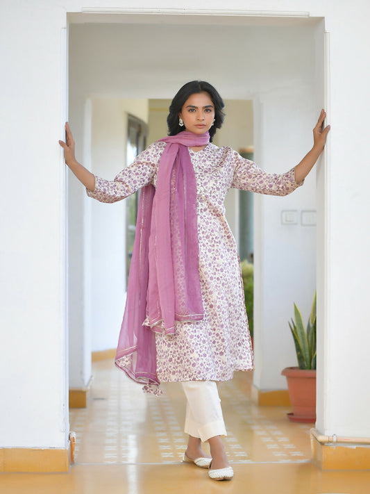 Vaasva Women's Grape Cream Cotton Foil Printedembroidered Suit Set | Swadesiicart