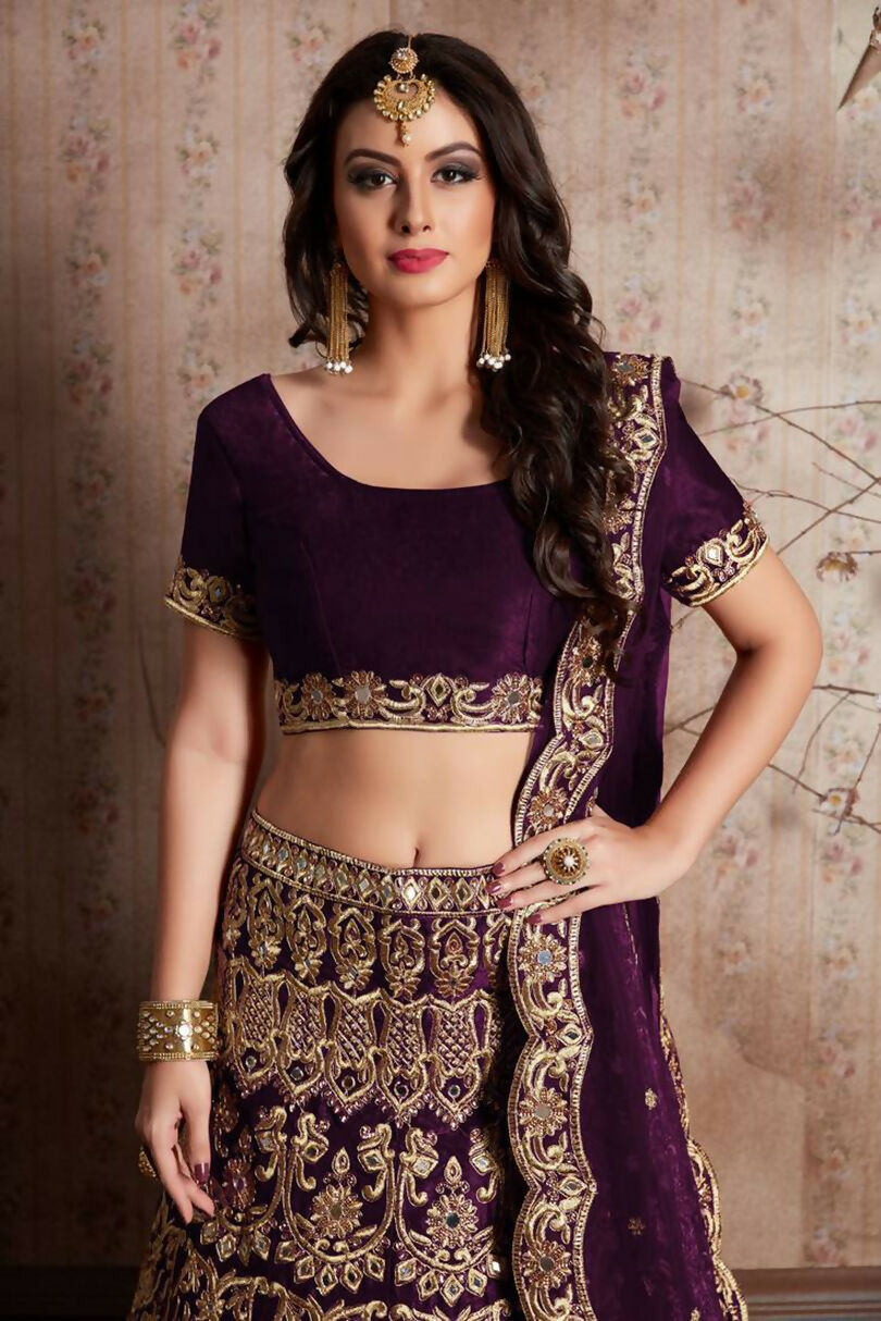 Jyoti Fashion Mesmerizing Wine Sequins Embroidered Velvet Lehenga Choli with Dupatta | Swadesiicart