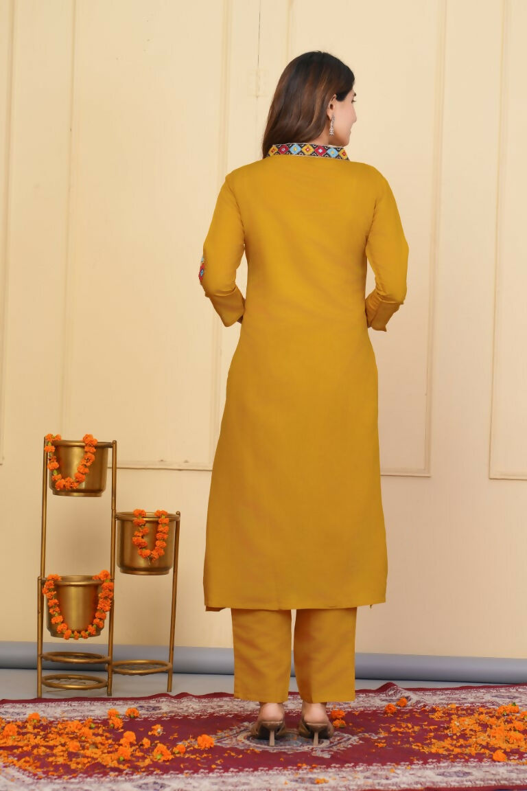 Mustered Viscose Chanderi Embroidered Stitched Suit With Dupatta - Tanisha | Swadesiicart