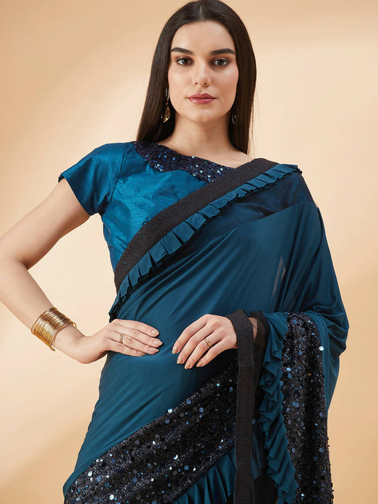 Peacock Blue Lycra Sequins Fabric. Frill Details, Handwork Buttis Saree - Norita Hit Design - Swadesiicart