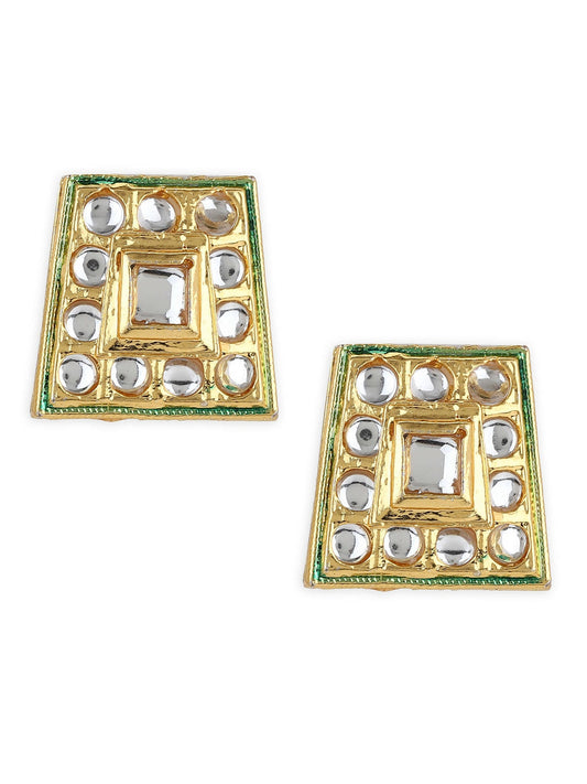Gold-Toned White Kundan Square Shaped Gold-Polished Studs Earrings - Ruby Raang | Swadesiicart