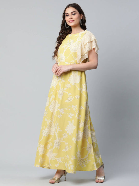 Ahalyaa Womens Lemon Yellow Crepe Floral Dress | Swadesiicart