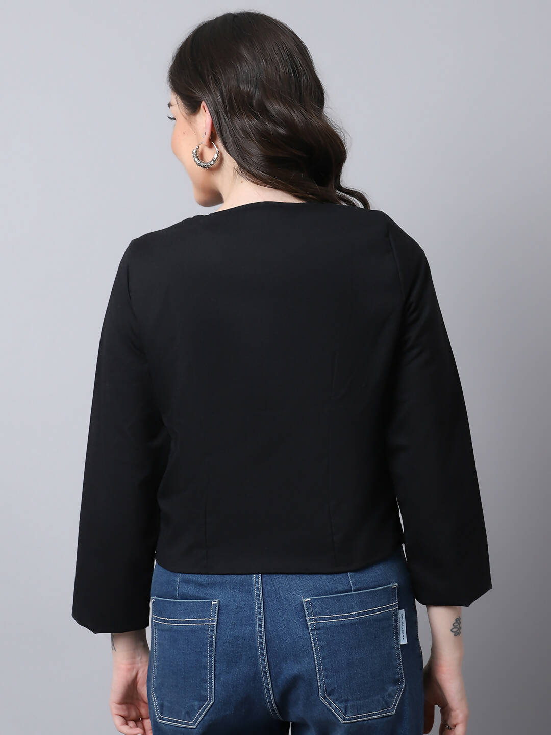 Even Apparels Black Linen Cotton Open Front Statement Women's Jacket | Swadesiicart