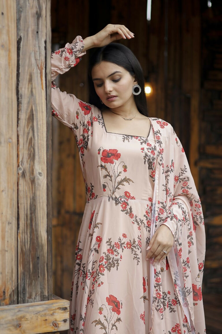 Jyoti Fashion Women's Cream Faux Georgette Floral Digital Printed Anarkali Dress with Dupatta | Swadesiicart