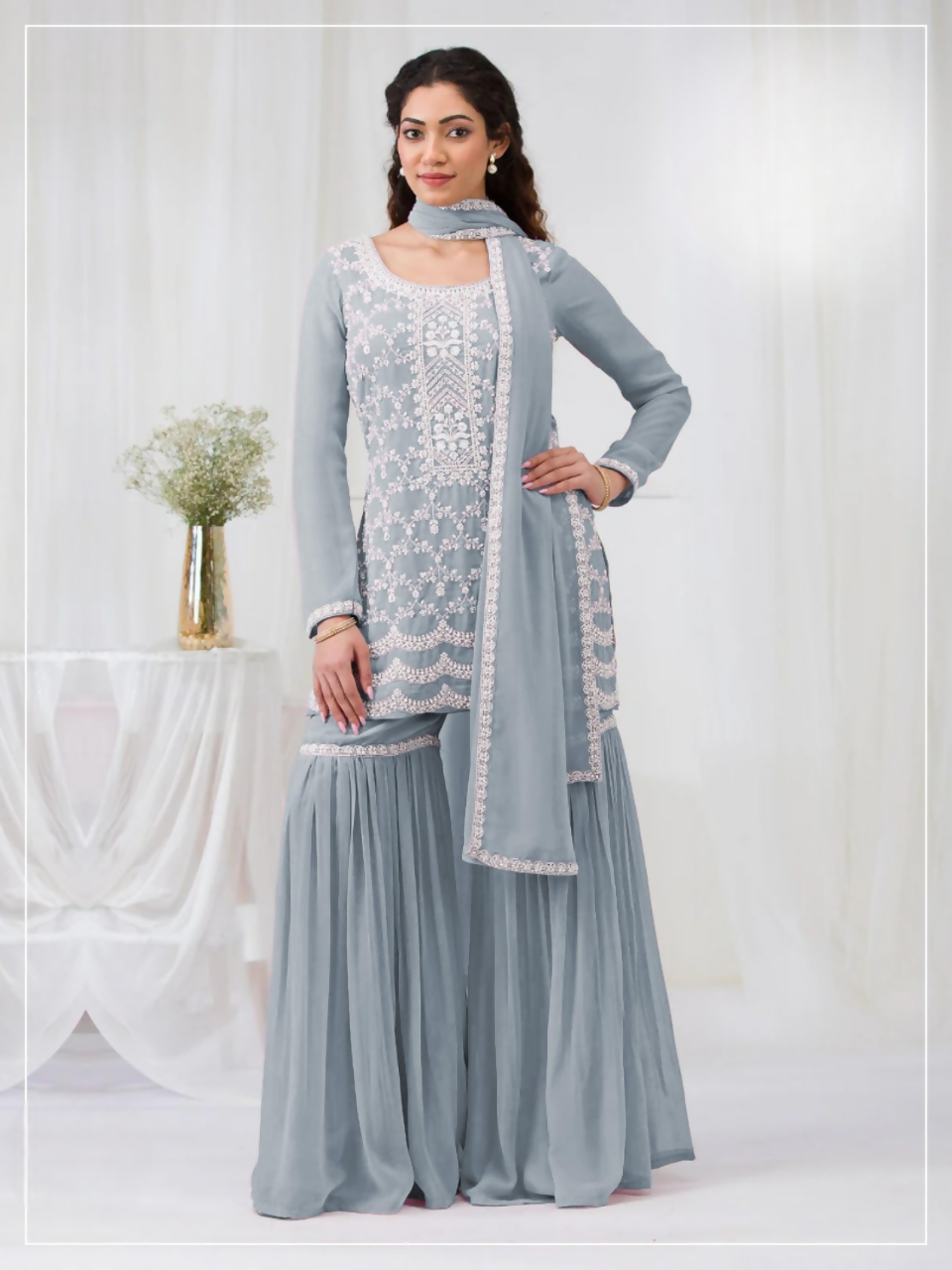 Anaita Sky Blue Faux Georgette Stitched Suit with Embroidery Cotton Thread & Sequence Work