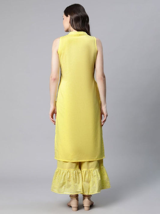 Ahalyaa Women Yellow Colour Pure Cotton Glitter Print Kurta Palazzo Set | Swadesiicart