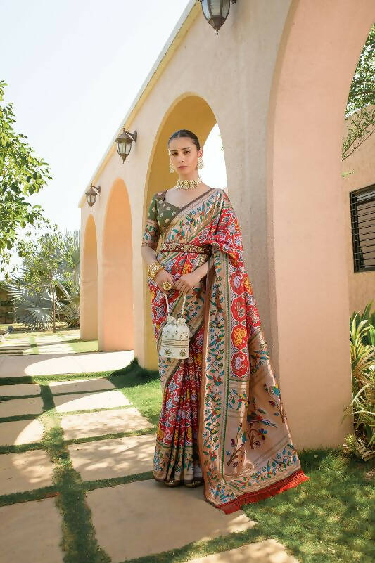 Vishnu Weaves Women's Red Paithani Silk Zari Woven Saree with Unstitched Blouse - Swadesiicart