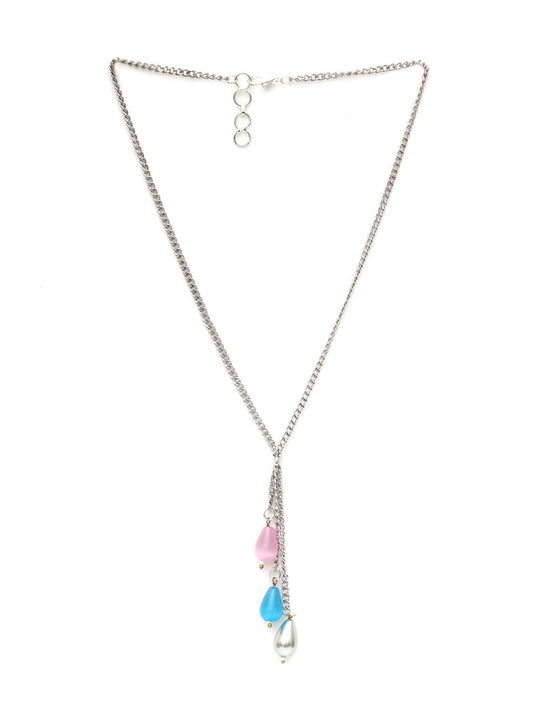 Long Silver Neckpiece with Multi Stones (silver) - Ruby Raang