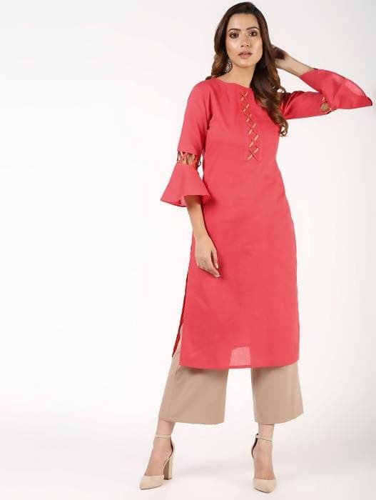 Aniyah Cotton Criss Cross Bell Sleeves Peach Straight Kurta (AN-142K) - Swadesiicart