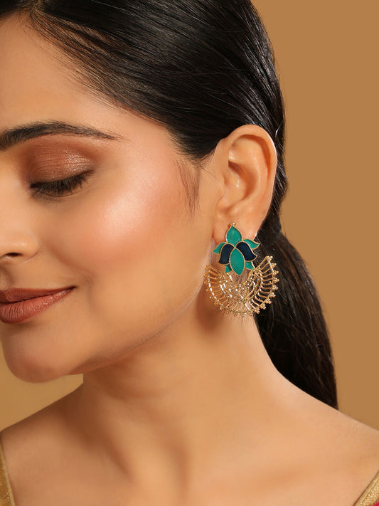 Nuyug 22K Gold Plated Turquoise Enamel Studded Indo-Western Floral Jali Statement Stud Earrings | Swadesiicart