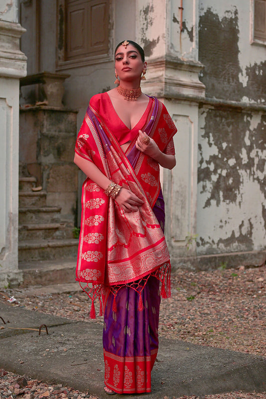 Vishnu Weaves Women's Wine Kanchi Silk Woven Saree with Blouse - Swadesiicart