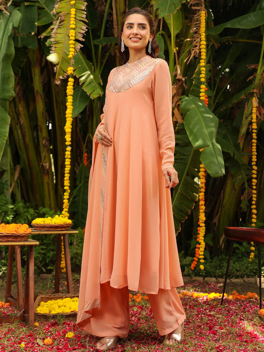 Janasya Peach Georgette Sequined Kurta,Bottom & Dupatta | Swadesiicart