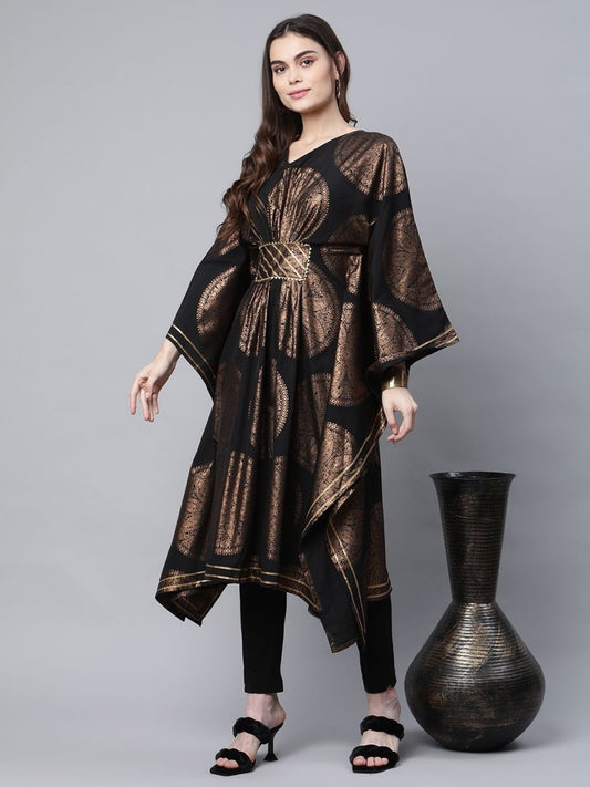 Ahalyaa Women Black Crepe Copper Foil Printed Flared Sleeve Kaftan Kurta | Swadesiicart