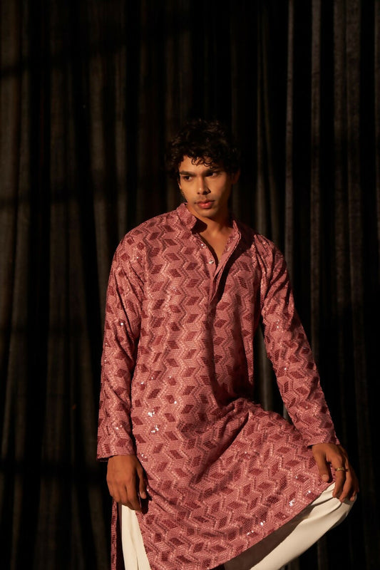 Pink viscose Chikankari Embroidery Work Men's Traditional Kurta Set - Mahotsav | Swadesiicart