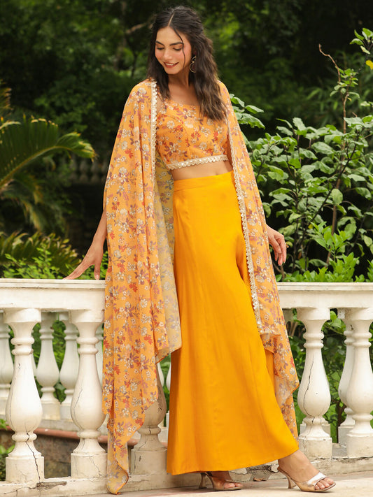 Janasya Mustard Georgette Floral Top Bottom Cape | Swadesiicart