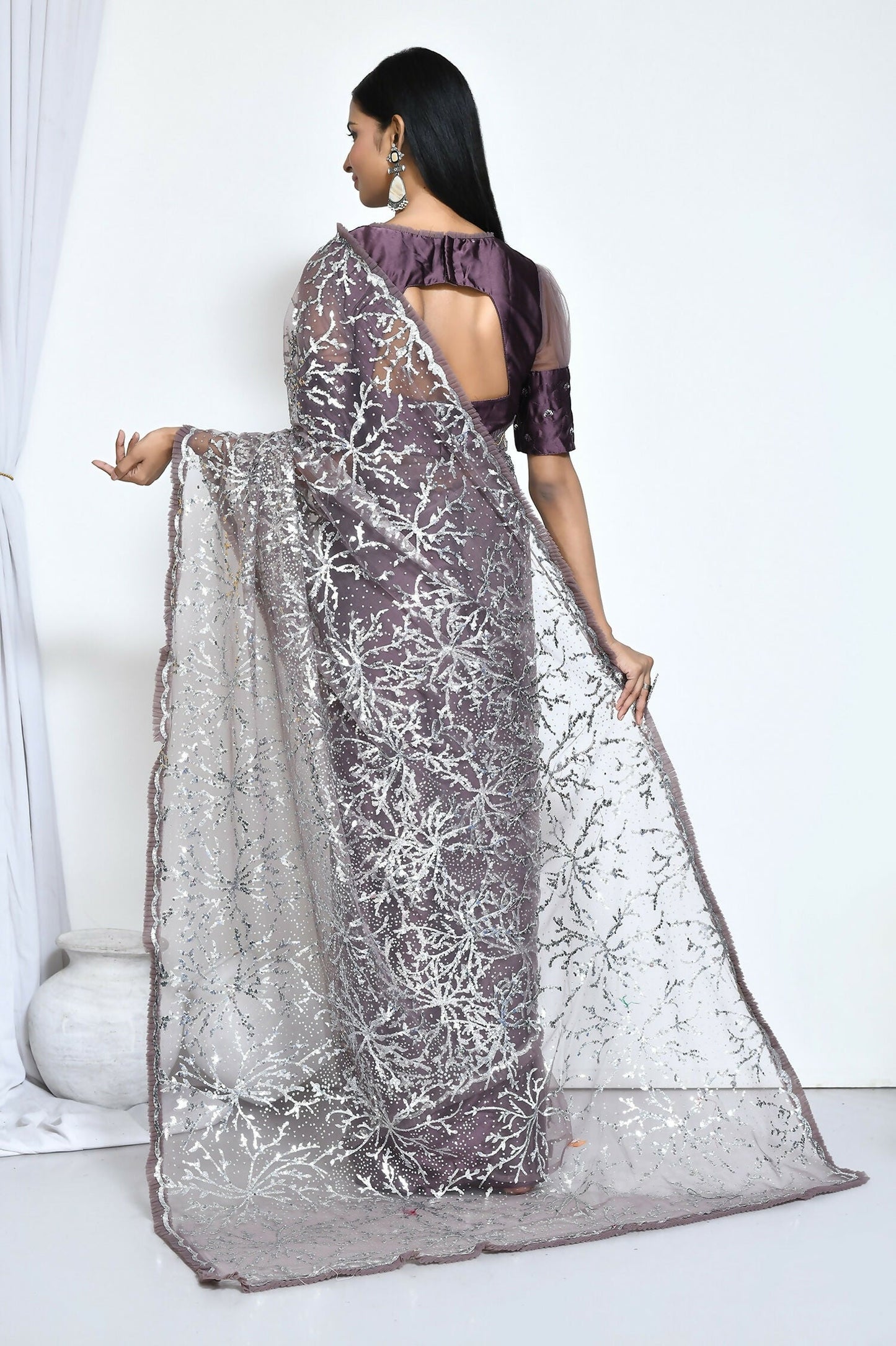 Brown Net Sequence Embroidered Festive Saree - Nimaya Denzy