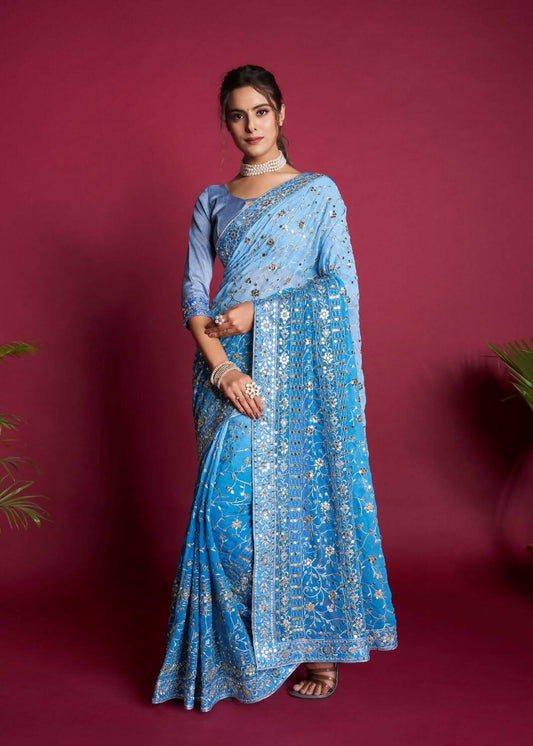 Vamsee Blue & White Georgette Designer Saree - Swadesiicart