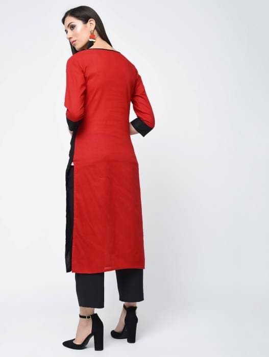 Aniyah Cotton Red Color Stylish Block Straight Kurta (AN-107K) - Swadesiicart