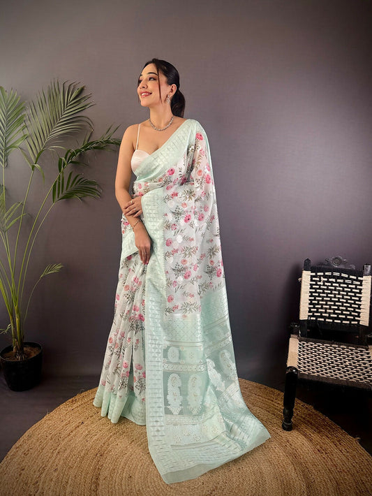 Joban Fashion Sky Blue Floral Motifs Banarasi Silk Sarees | Swadesiicart