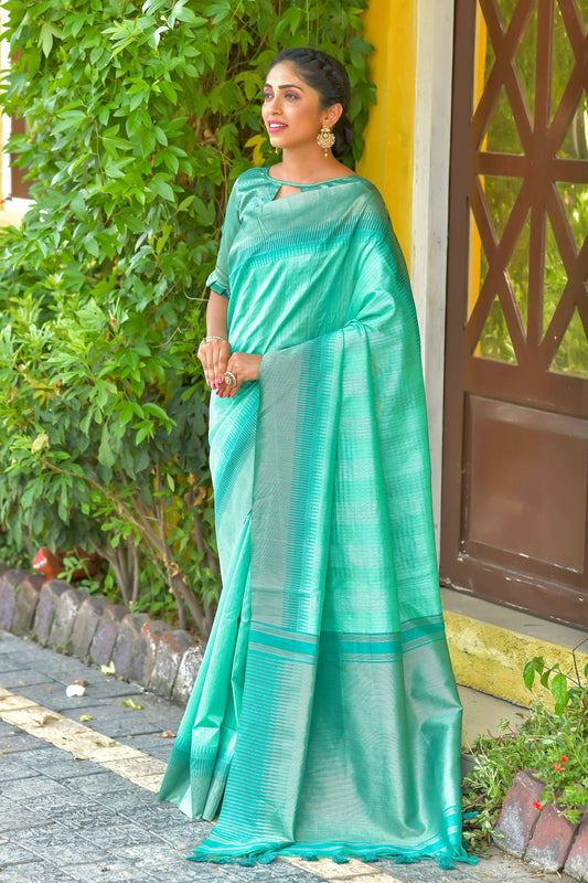 Vishnu Weaves Women's Sea Green South Silk Zari Woven Saree with Unstitched Blouse - Swadesiicart