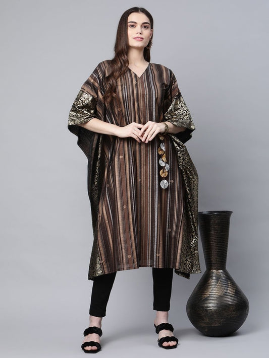 Ahalyaa Women Brown Georgette Gold Silver Printed Kaftan Kurta | Swadesiicart