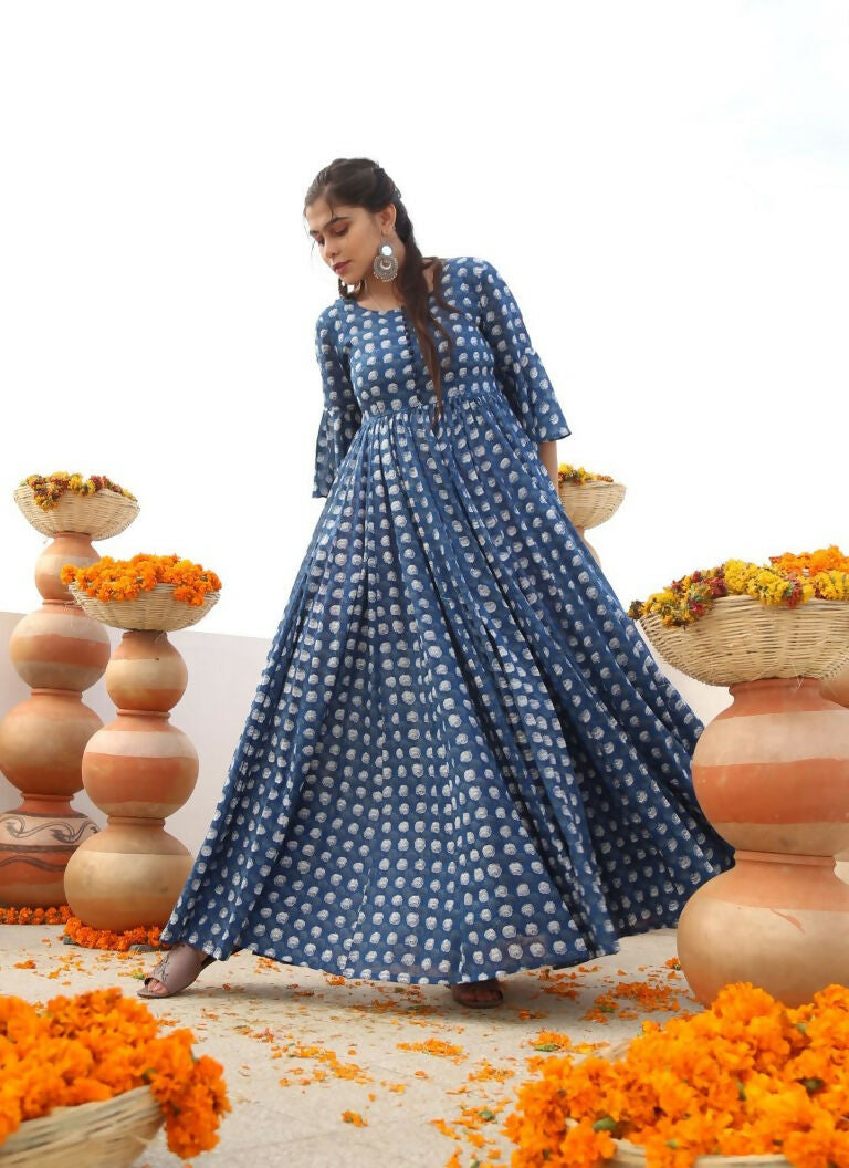 Jyoti Fashion Women's Blue Heavy Digital Printed Cotton Silk Anarkali Dress | Swadesiicart