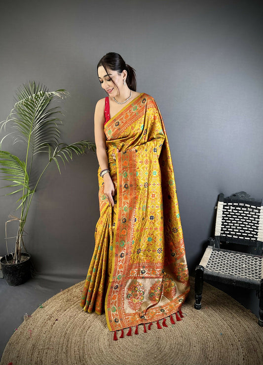 Joban Fashion Golden Yellow Banarasi Soft Silk Woven Saree | Swadesiicart