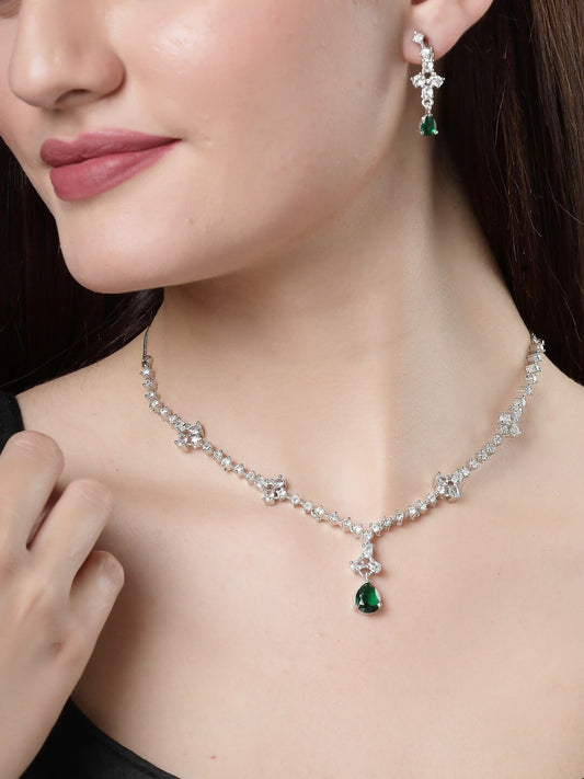 NVR Women's Silver-Plated Green American Diamond Studded Jewellery Set - NR Retail-NVR